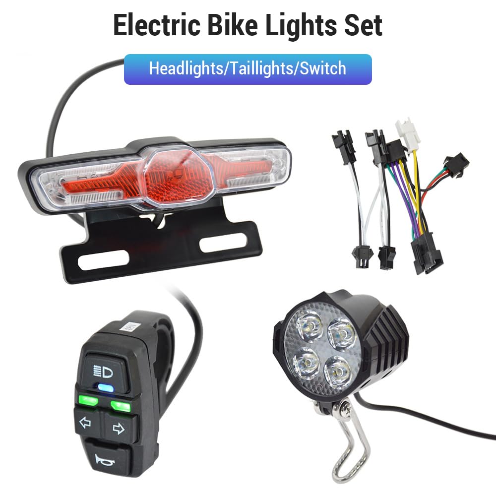 ACAGALA Bicycle Headlight and Tail Light Set Ebike Turn Signals Front and Back Light Electric Bike Light Horn Kits with Switch 24-48V