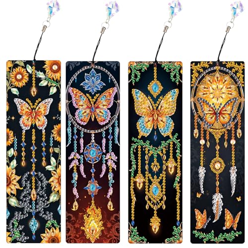 Marque-pages peinture diamant 5D : lot de 4 modèles papillon DIY pour adultes