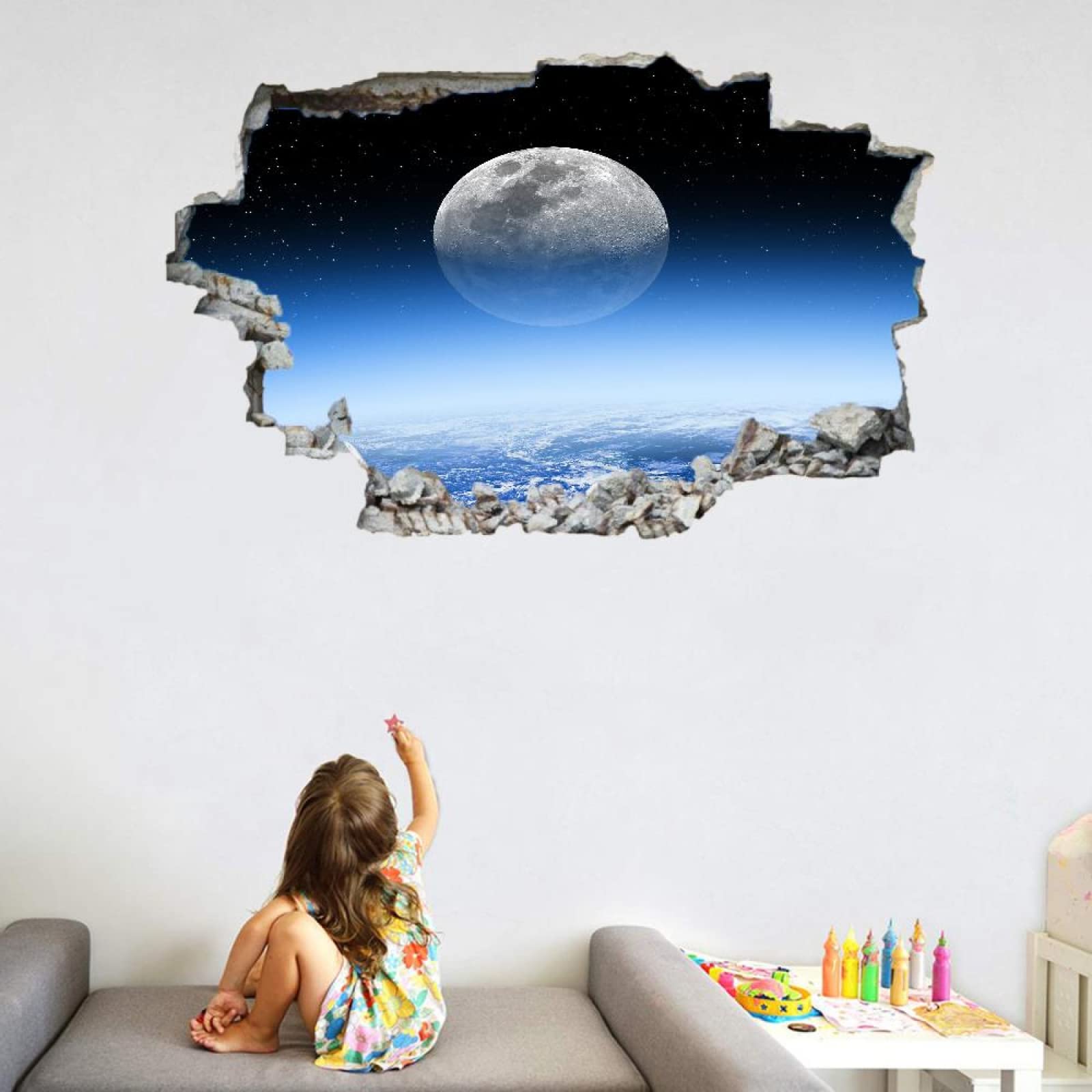 Tatuajes De Pared Wall Tattoo 3D Smashed Luna Adhesivo De Pared Extraíble Calcomanías Murales Para Habitaciones Planeta Niñas Niños Dormitorio Mural Decoración Para El Hogar 80x120cm