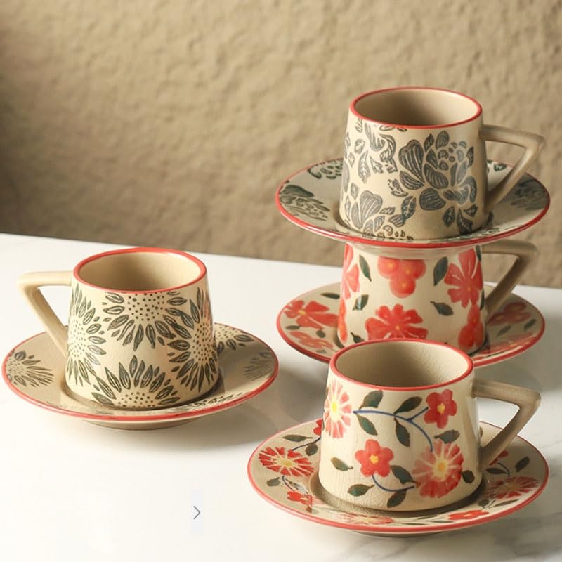 Porcelanowy kubek do kawy ze spodkiem, Starożytne malarstwo podszkliwne. Ręcznie malowany ceramiczny zestaw filiżanek do kawy i spodków restauracji(Style2)