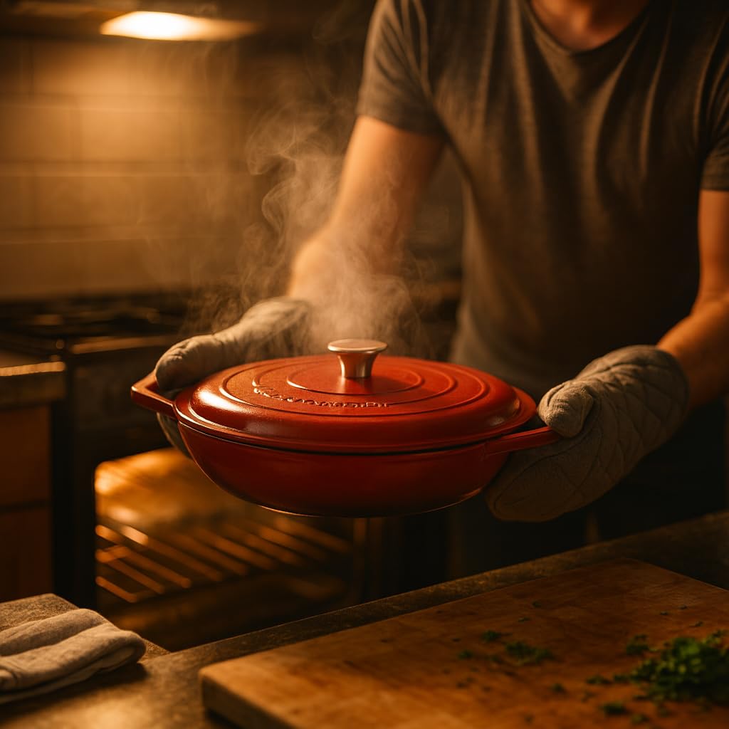 Argon Tableware 2.3L Peu Profond Cocotte en Fonte avec Couvercle Auto-Arrosant - Rouge Ombré - 1x Plaque à Induction Cuisson du Pain Portion Grillage Ragoût Marmite Ustensiles de Cuisine Poêle
