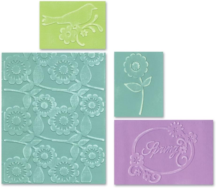Sizzix Textured Impressions A2 Embossing Folders 4/Pkg-Spring Bird & Flowers