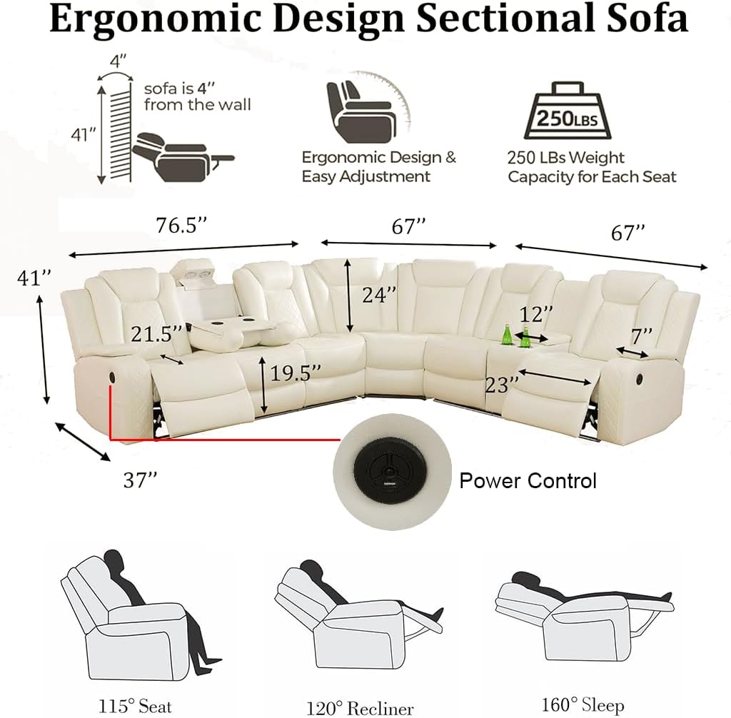 Power Reclining Sectional Sofa with LED, Leather Recliner Couch for Living Room/Home Theater, Sectional Reclining Couches with Wireless Charging/Hide-Away Storage