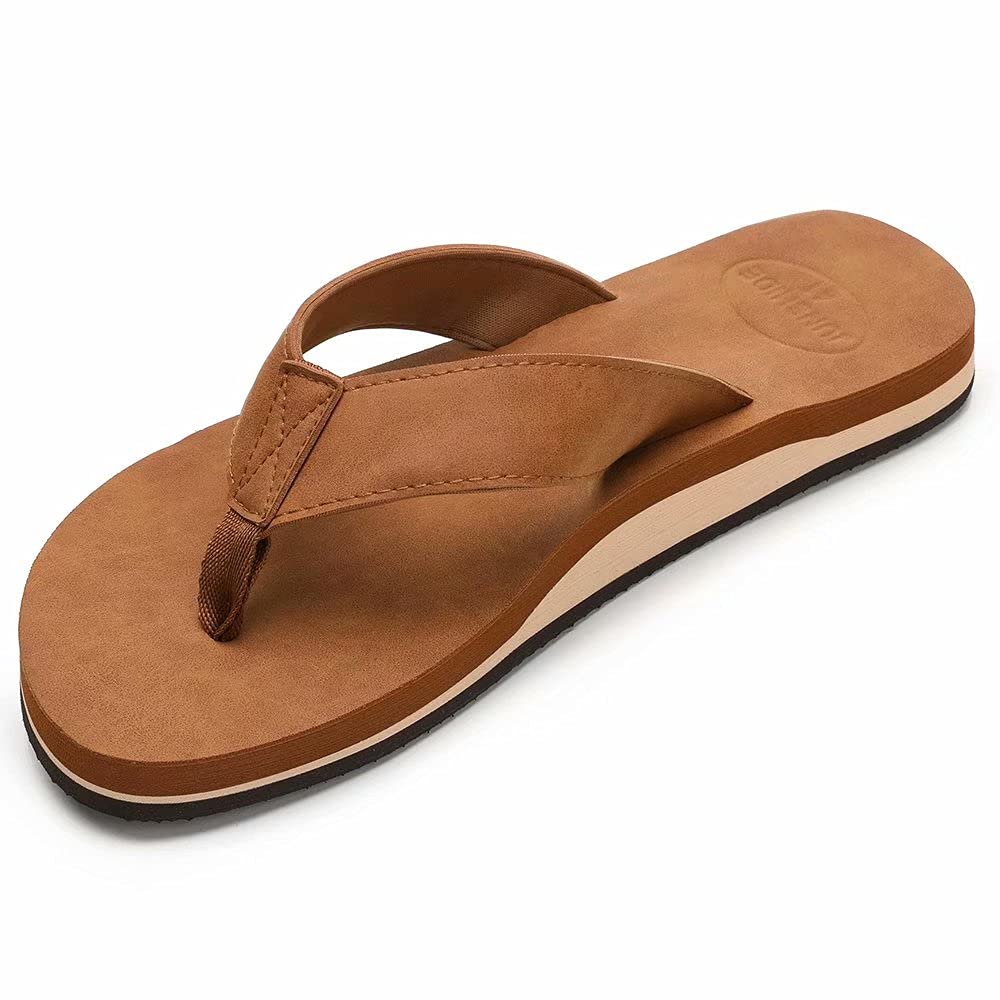 JUNSHIDEMen's Leather Sandals Comfortable Arch Support Flip Flops Indoor and Outdoor Beach Shoes
