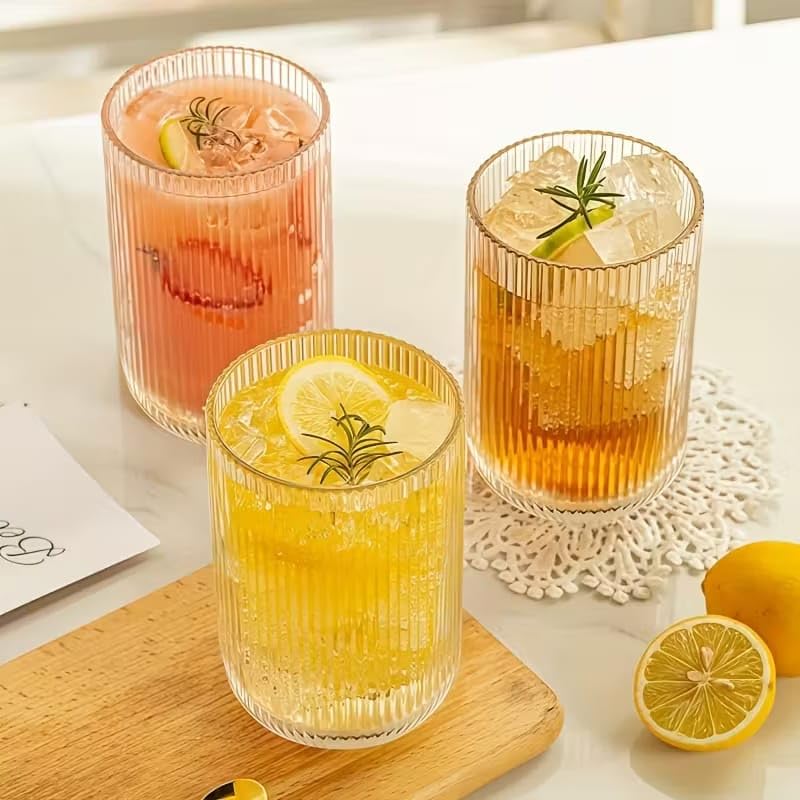 Image of PrimeWorld U-Shaped Ribbed Glass Cups - Stackable Elegant Ripple Vintage Drinking Glassware, 450ml - Set of 6 | Ideal for Iced Coffee, Cocktail, Whiskey, Juice, Beer & Gifts