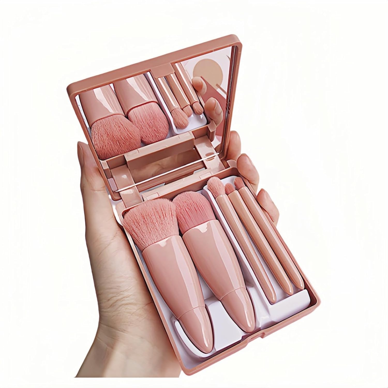 BeFunky 5-Piece Professional Makeup Brush Set with Mirror & Travel Case Vegan Bristles for Sensitive Skin, Portable Cosmetic Kit for Travel and On-the-Go Touchups (Pink)-image-8