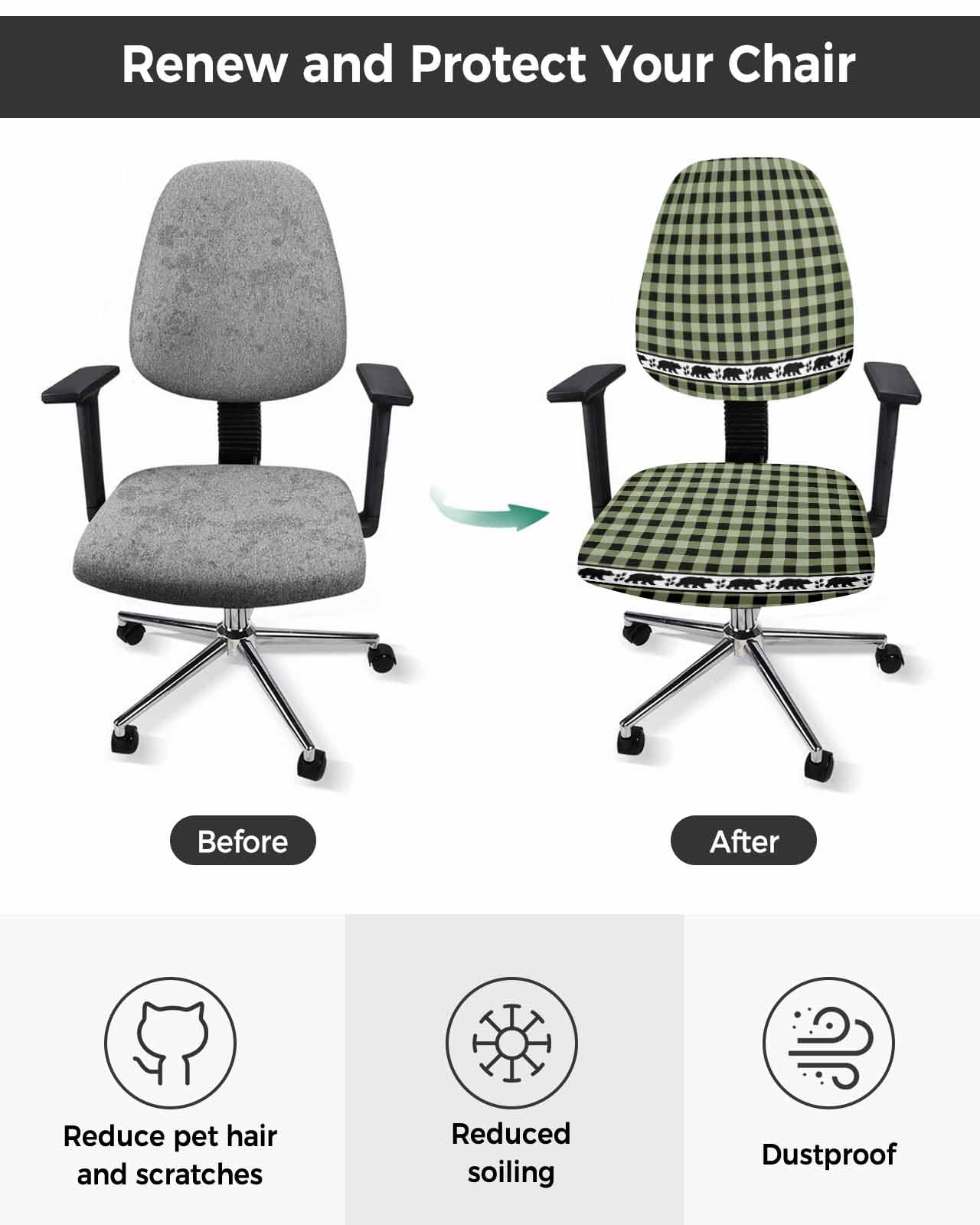 Sage Green Black 2 Pieces Computer Office Chair Covers Set,Stretchable Desk Rotating Chair Seat Cushion Slipcover Back Covers,Farmhouse Vintage Bear Buffalo Plaid Slipcover Back Cover,Protectors Cover