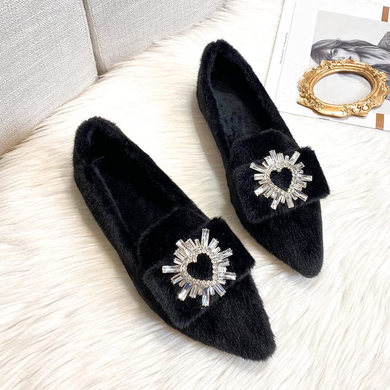 Women's Glitter Rhinestone Wedding Flats Winter Fur Dress Shoes Pointed Toe Ballet Flats4