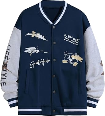 Acrawnni Mens Varsity College Jacket Baseball Bomber Jacket Vintage Sweatshirt Letters Bear Print Contrast Color Varsity Jacket