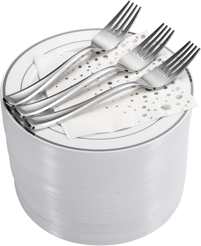 Stylish 7.5 Inch Silver Cake Plates with Disposable Forks