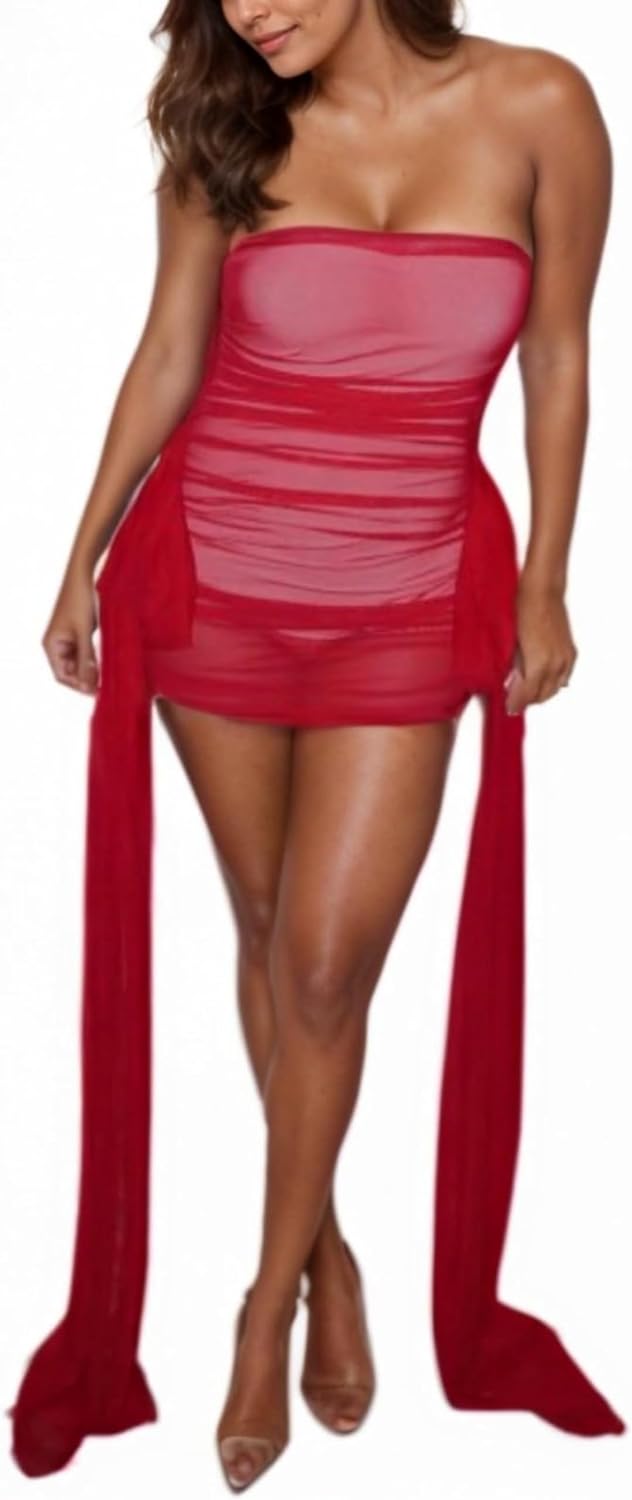 OCUH Sexy Mini Dress Off Shoulder Red Birthday Dress Sheer Mesh Strapless Bodycon Ruffled Cocktail Party Night Dresses - Image 5