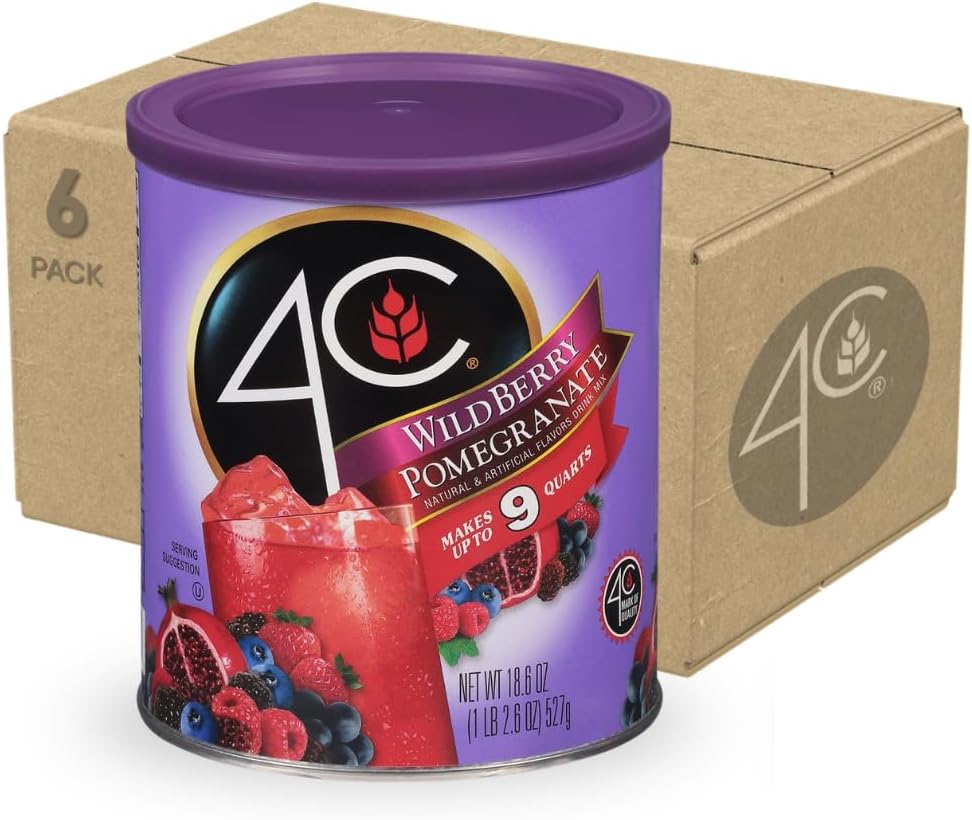 4C Powdered Drink Mix Canister, Wildberry Pomegranate 6 Pack, 9 Quarts, Family Sized Bin, Thirst Quenching Flavors