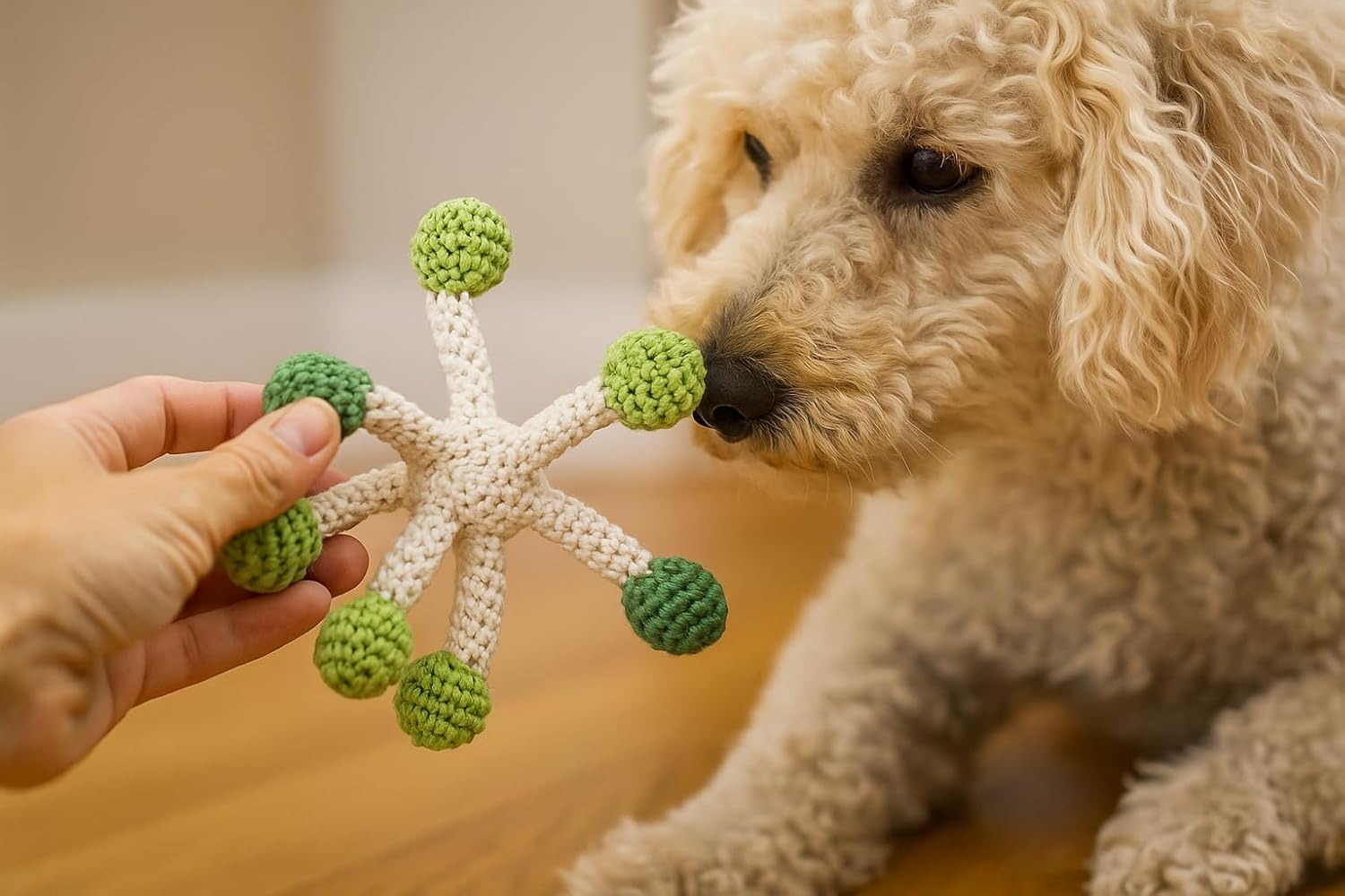 Whispering Dandelion Crochet Rattle, Soft Modern Toy in Green and Off-White, Handmade by TomToy