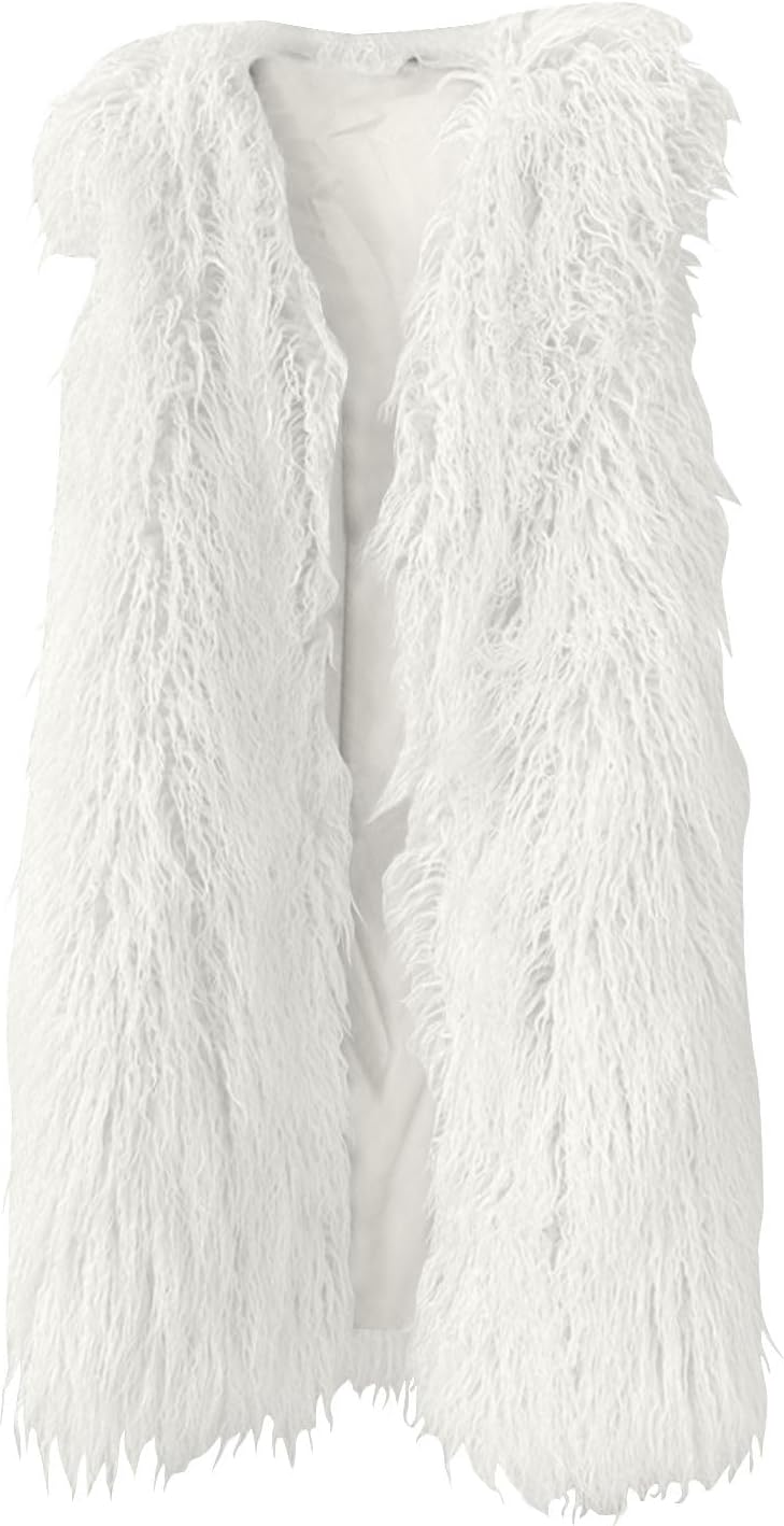 2025 Women's Faux Fur Waistcoat Winter Warm V Neck Sleeveless Casual Soft Shaggy Fuzzy Open Front Coats Outwear