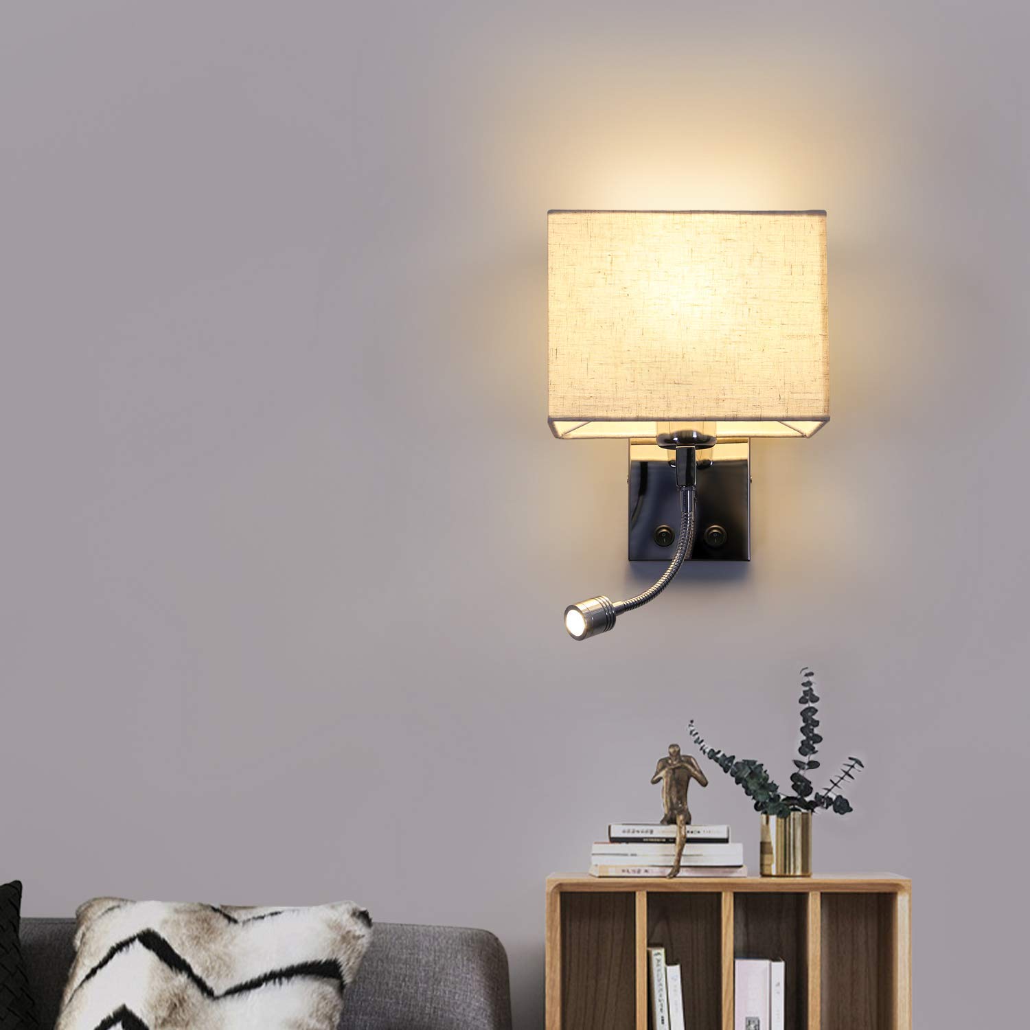 ZMH 4ER Wandleuchte Innen Schlafzimmer mit LED Leselampe 360° Schwenkbar | Wandlampe Quadratisches Stoffschirm Design Wandstrahler Schalter E27 Modern Wandbeleuchtung für Hotel- Ohne Leuchtmittel