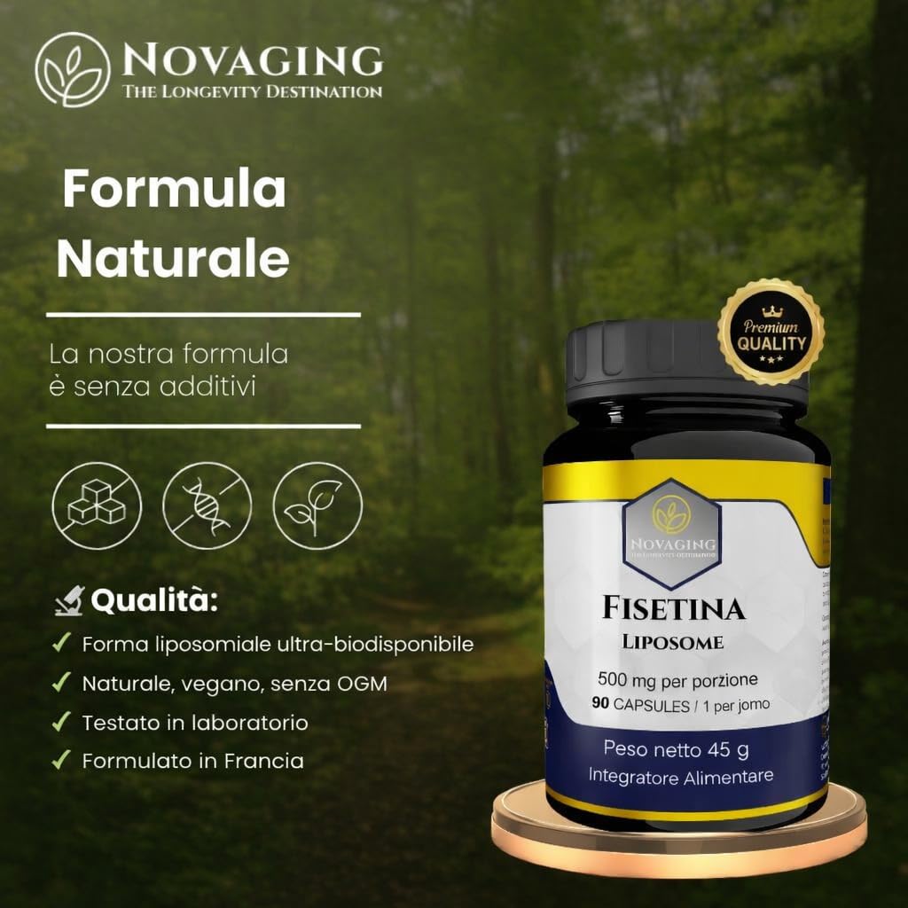 Fisetina Liposomiale Anti-età, Potente Antiossidante, 100% Vegano - 90 Capsule, Fornitura per 3 Mesi, 500 mg - Massima Biodisponibilità, Dosaggio Preciso, Testato senza OGM né Allergeni