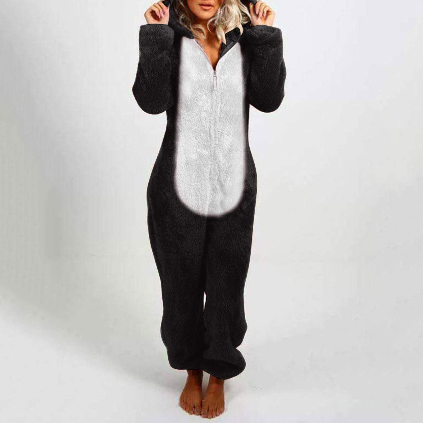 Onesie - Tutina da donna in pile, casual, tinta unita, per adulti e donne, pigiama, a maniche lunghe, con orsacchiotto, in pile, Nero , s