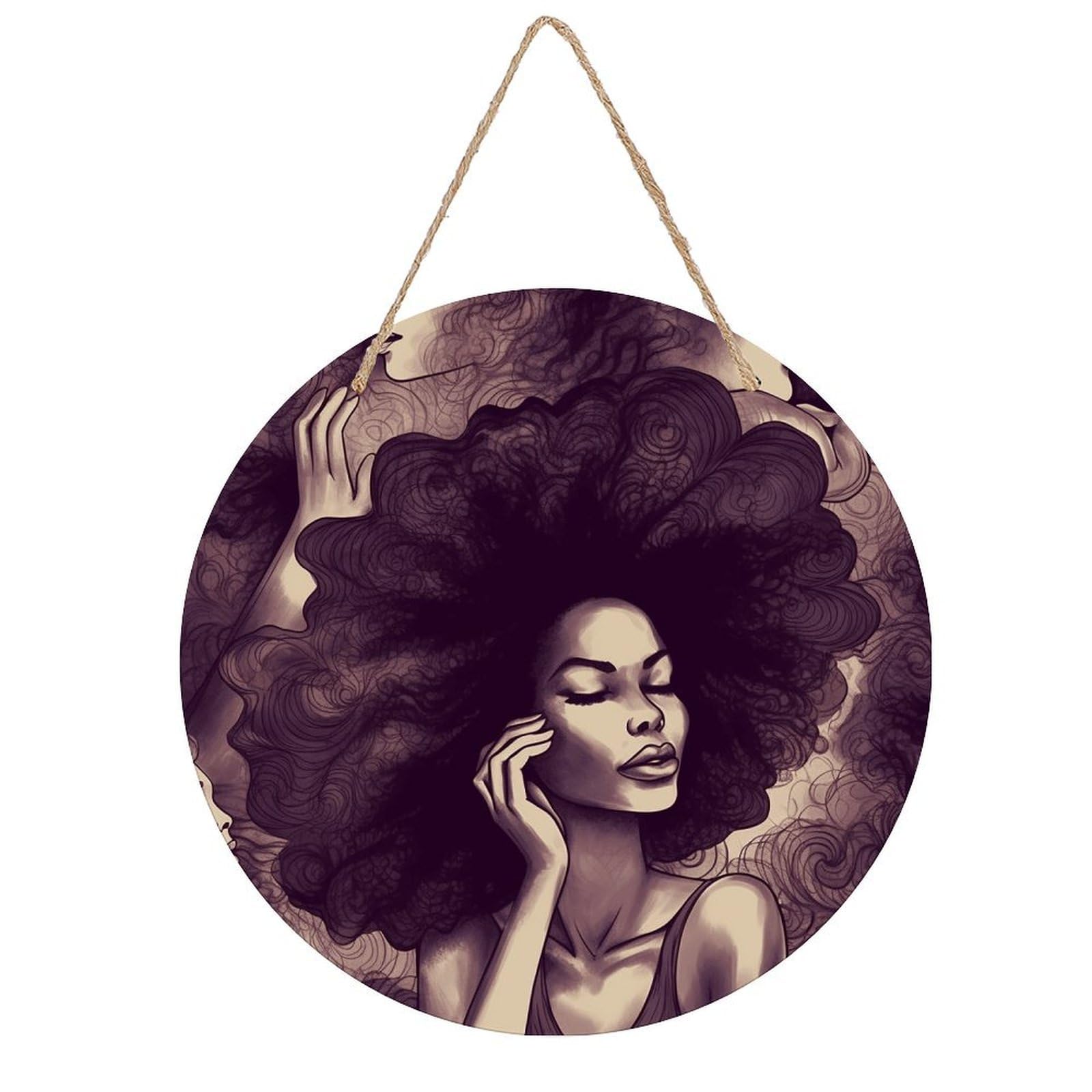 VstaDank African Hair Black Women Wall Decor Round Wood Hanging Sign 7.9x7.9 in Wooden Circle Door Hanger with Ropes, Rustic Wall Art Decor for Home Front Door Indoor Outdoor Decoration