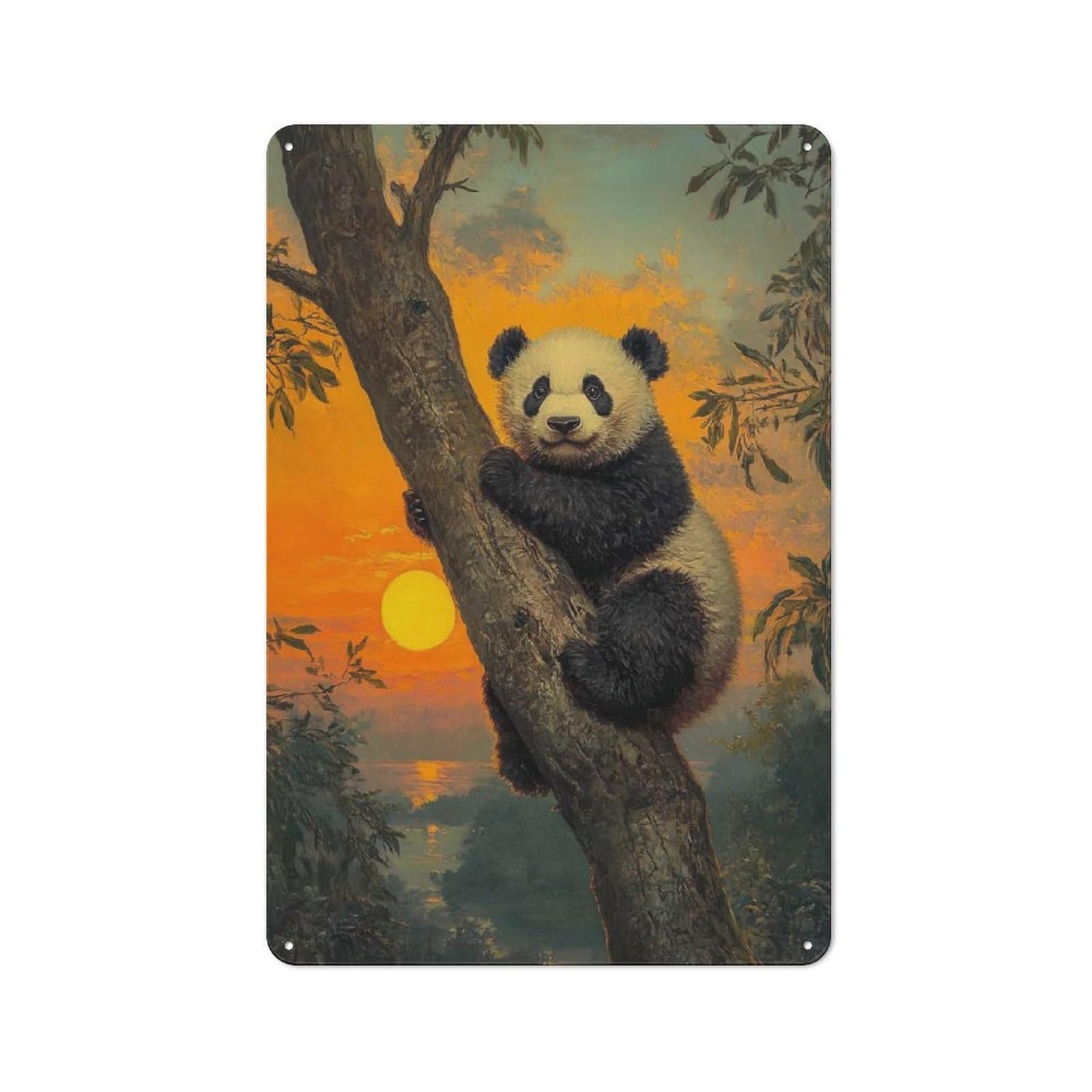 Junmoney Style-21 Tin Wall Plaque 30X20cm With Panda Sunset For Hobby Room Or Studio, For Themed Interiors In Hobby Rooms And Studios