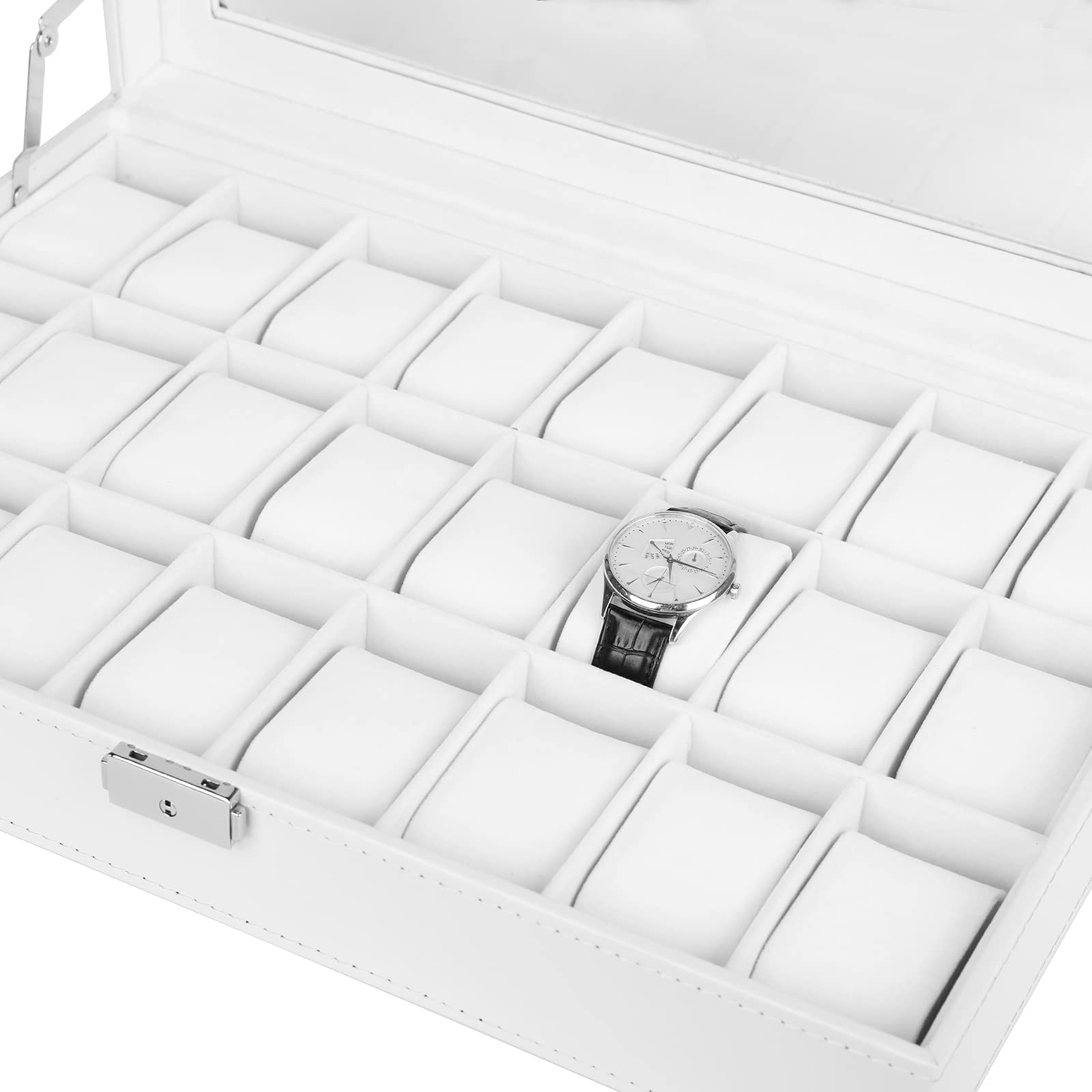 Caja de reloj, caja de reloj de piel con 24 ranuras con tapa acrílica grande, organizador de caja de reloj para hombre, color blanco