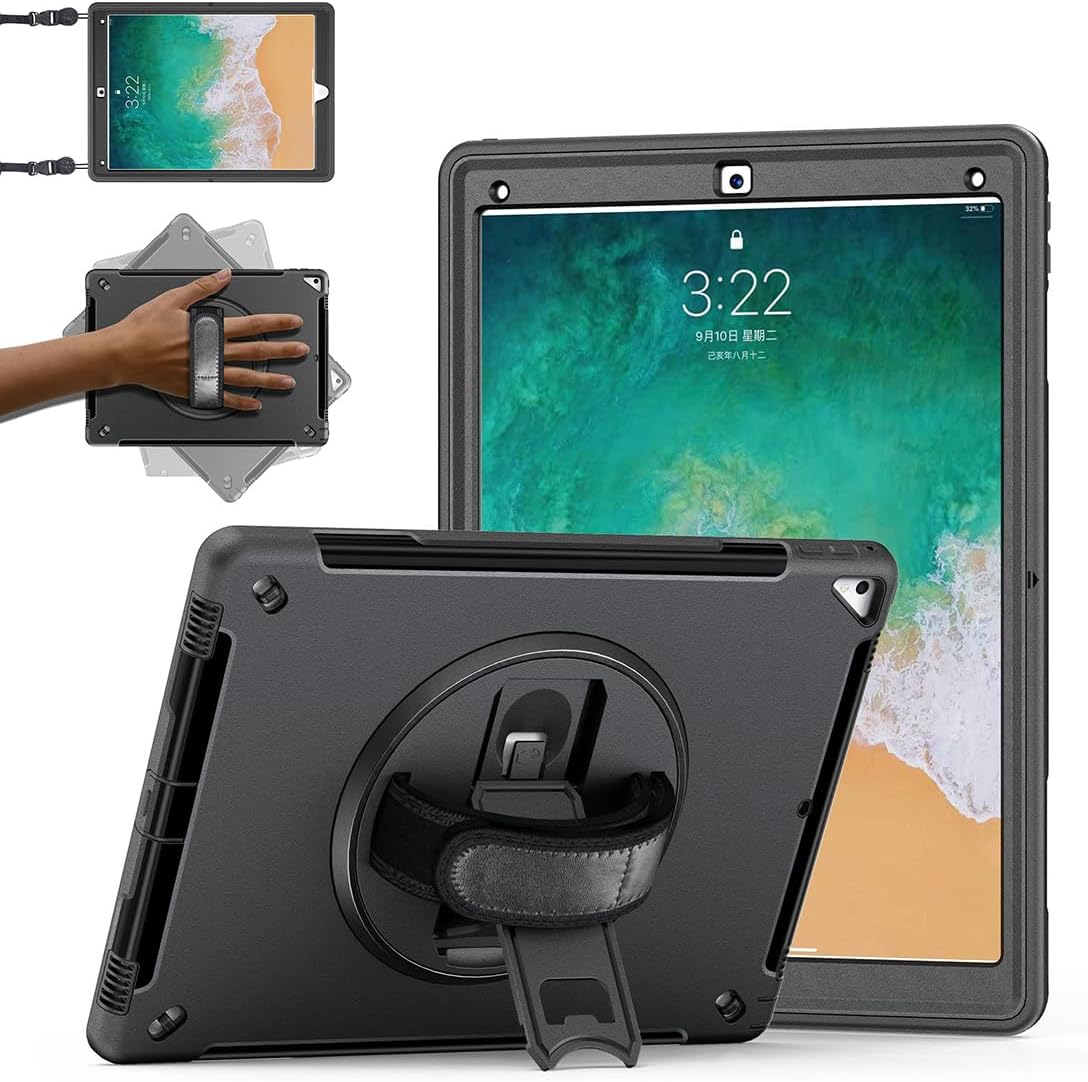 Case for iPad Pro 12.9 2nd Generation 2017 & 2015 1st Generation，Handheld Protective Cover, Thick and Durable TPU Protective Shell, with Screen Protector - Stand - Strap - Black
