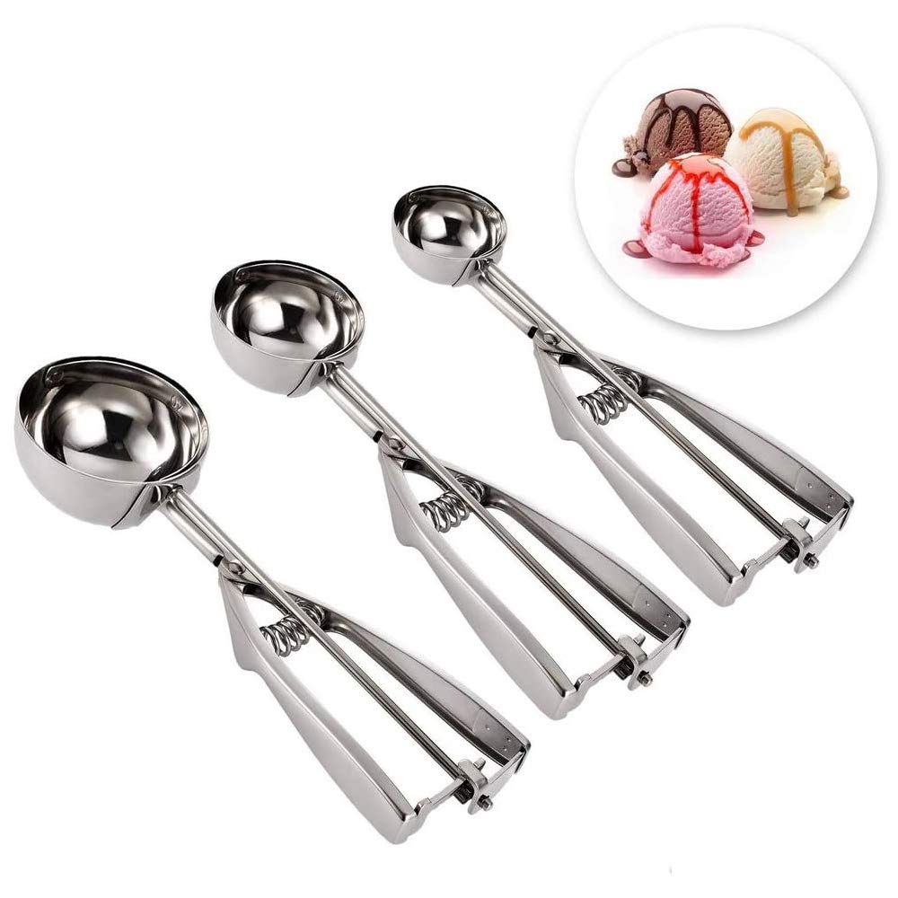 Cookie Scoops for Baking Set of 3, Stainless Steel Ice Cream Scoop Trigger, Small Size (1.58 inch), Medium Size (1.97 inch) Disher scoop set, Large Size (2.37 inch), Cookie Scoop Set, Cream Scoop