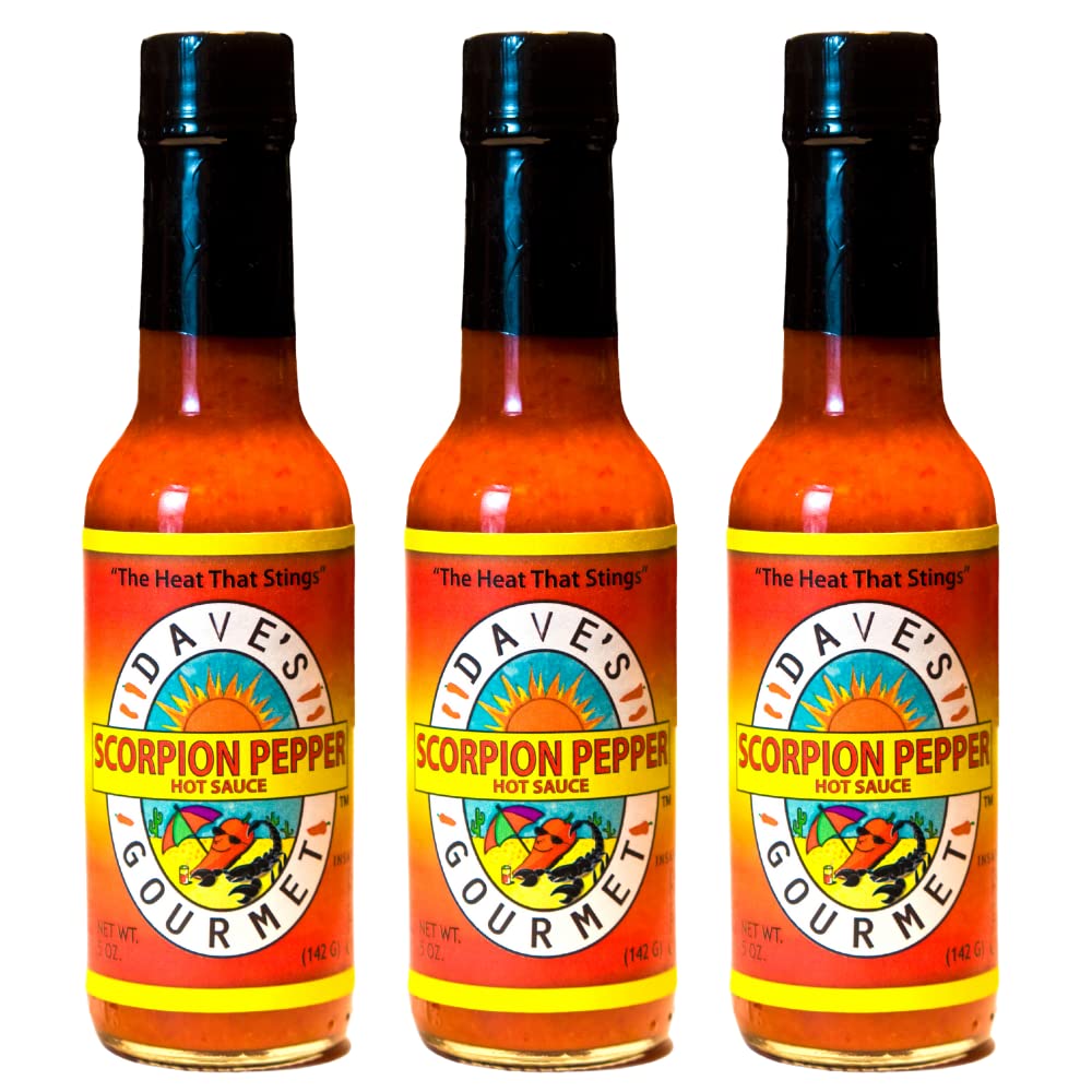 Scorpion Pepper Hot Sauce - Extract-Free Insanely Hot Flavor - Hot Sauce for Burgers, Stews, Tacos, Pizza & More - Spicy Gluten-Free, Low Fat and Sodium - 5oz (Pack of 3)