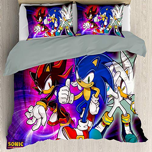 Anime Bedding Sonic The Hedgehog Bedding 3-Piece Twin Bed Sheets Set, Sonic Duvet Cover Set with Zipper Closure Ultra (AU King 240cmx210cm)