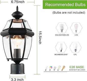 Kalium Outdoor Post Lights, 15 Lamp Post Light Fixture Waterproof Aluminum Housing with Glass, E26 Base Matte Black Lamp Posts Outdoor Lighting for Garden Patio Pathway Walkway (Pole not Included)