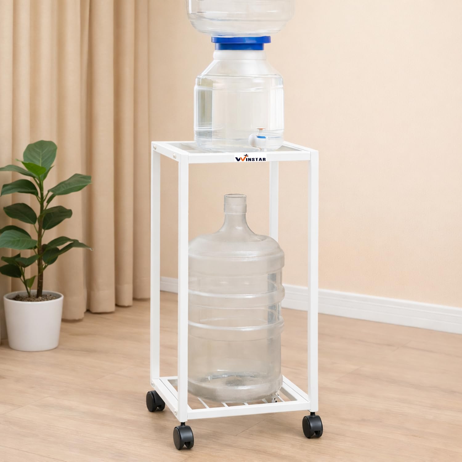 WINSTAR Premium 2-Tier Metal Water Dispenser Stand for 20~25 Litre Bottle, Cans Or Jars with Lockable Wheels | Heavy Duty Multifunctional Metal Frame Cart | (White)-image-6