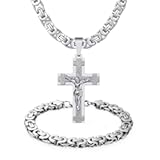 Mens Stainless Steel Silver Gold Jesus Cross Pendant Necklace Chain Bracelet Set Jewelry 45&sol;50&sol;55&sol;60&sol;65&sol;70&sol;75cm