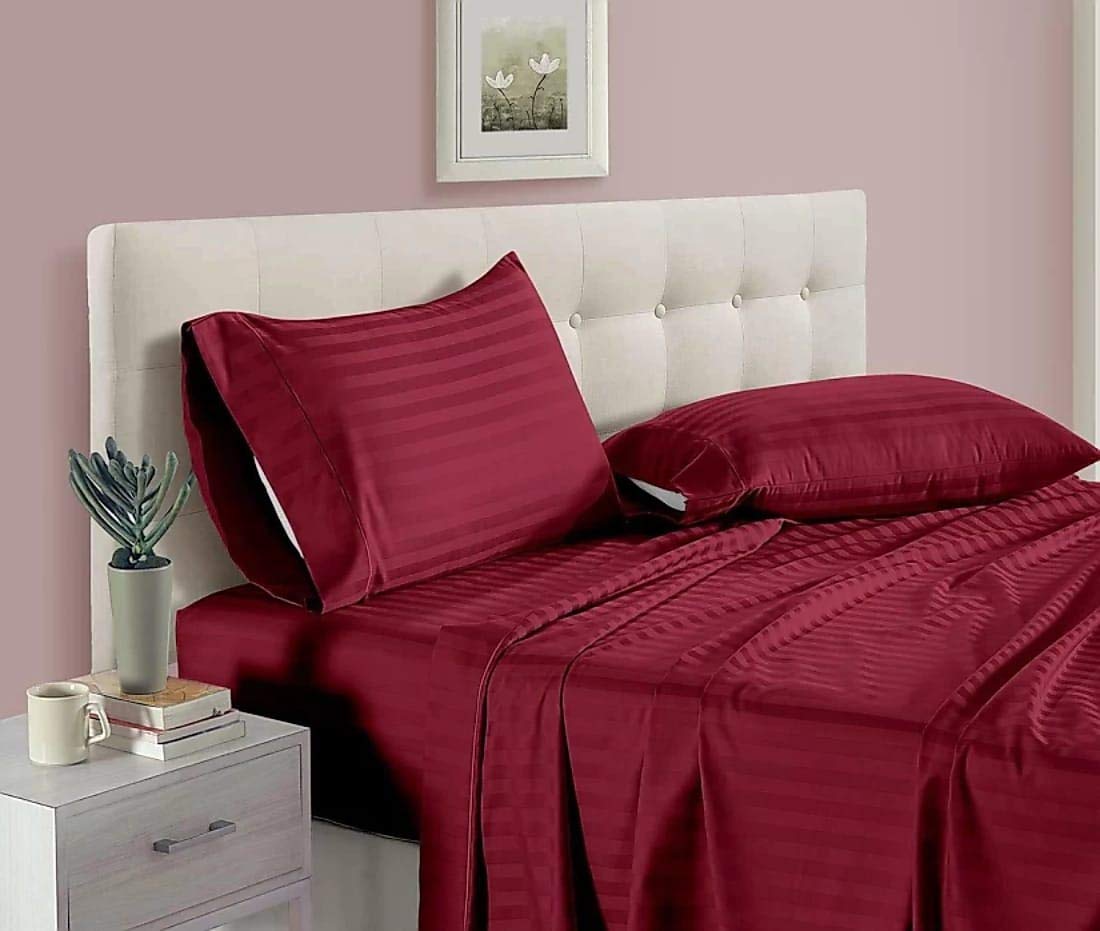 QWF Premium 300TC Cotton, Satin Plain Platinum Superior Elegant Solid Stripes Bedsheet with 2 Pillow Covers - (Maroon, 90 x 100, Queen)