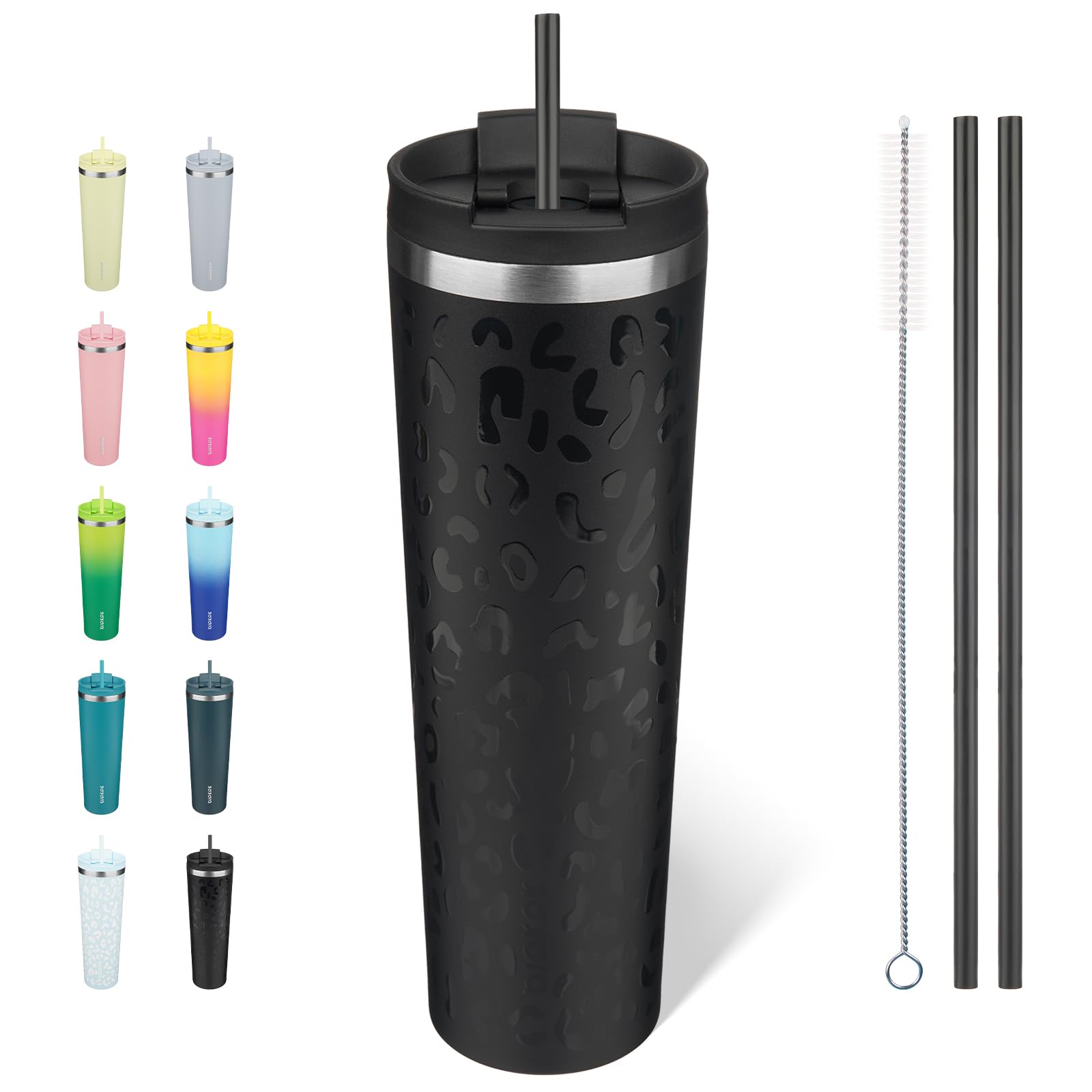 BJPKPK 34oz Insulated Tumbler With lid And Straw Stainless Steel Tumblers Travel Coffee Mug Reusable Thermal Cup,Black Leopard