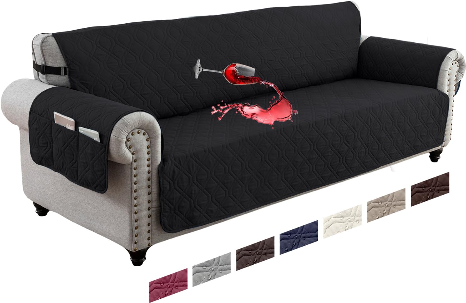 LINGKY Waterproof Sofa Cover 4 Seater Non-Slip Sofa Slipcovers, Reversible Washable Sofa Protectors from Pets & Kids with Elastic Straps Quilted Couch Covers (Black,4 Seater)