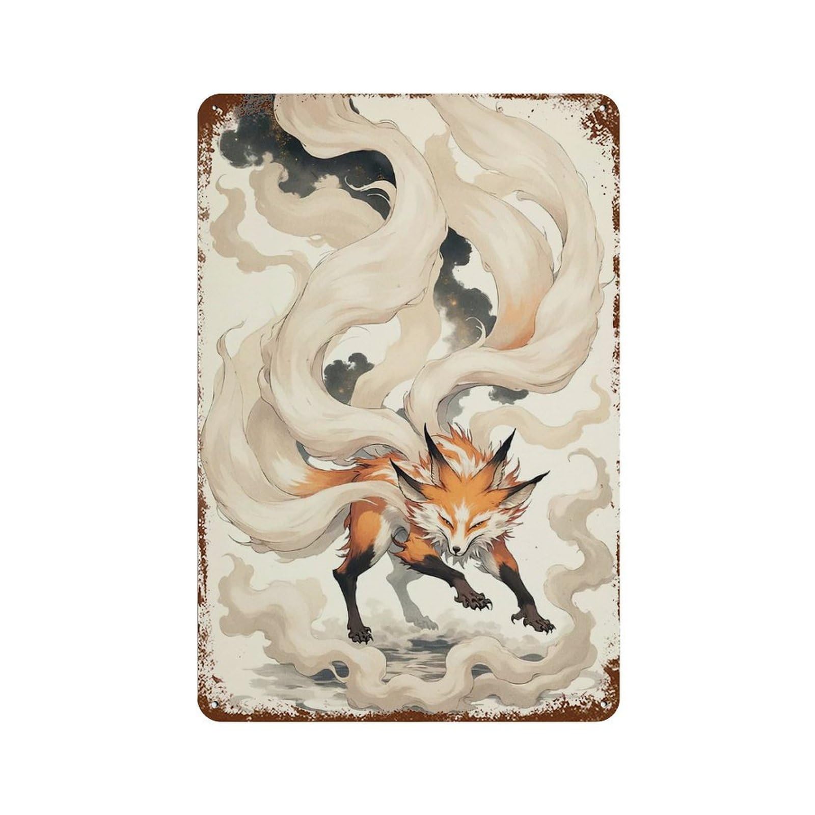 Garage Style Nine-tailed Fox Animal Vintage Metal Tin Sign 11.8"x7.9", Industrial Home Decor for Bar And Workshop