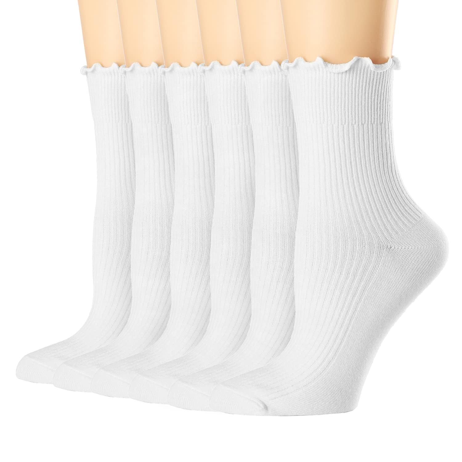ZANZER (6 pairs) Womens Ruffle Crew Socks Cute Crew Cotton Turn-Cuff Socks Soft Kint Teen Girls Lettuce Frilly Socks - 6 Pairs White
