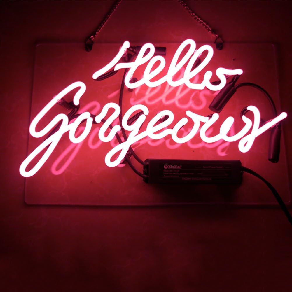Buy 1 get 1 🔥 Mugua ''Hello Gorgeous ' Real Glass Handmade Beer Neon Sign 13.5 x 8.9 for Bar Bedroom Garage Game Room