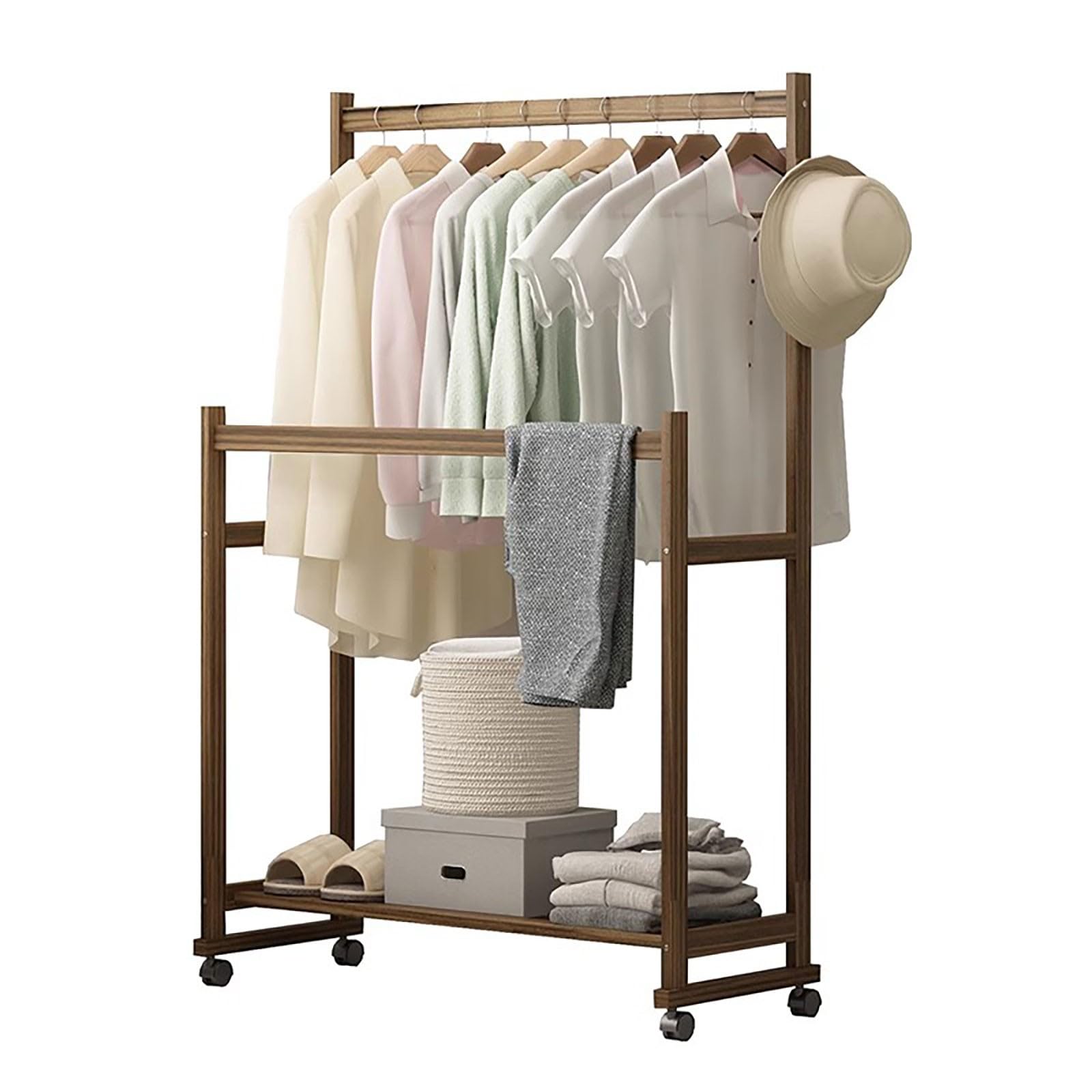 Portant à vêtements en bambou penderie double sur roulettes avec étagère basse