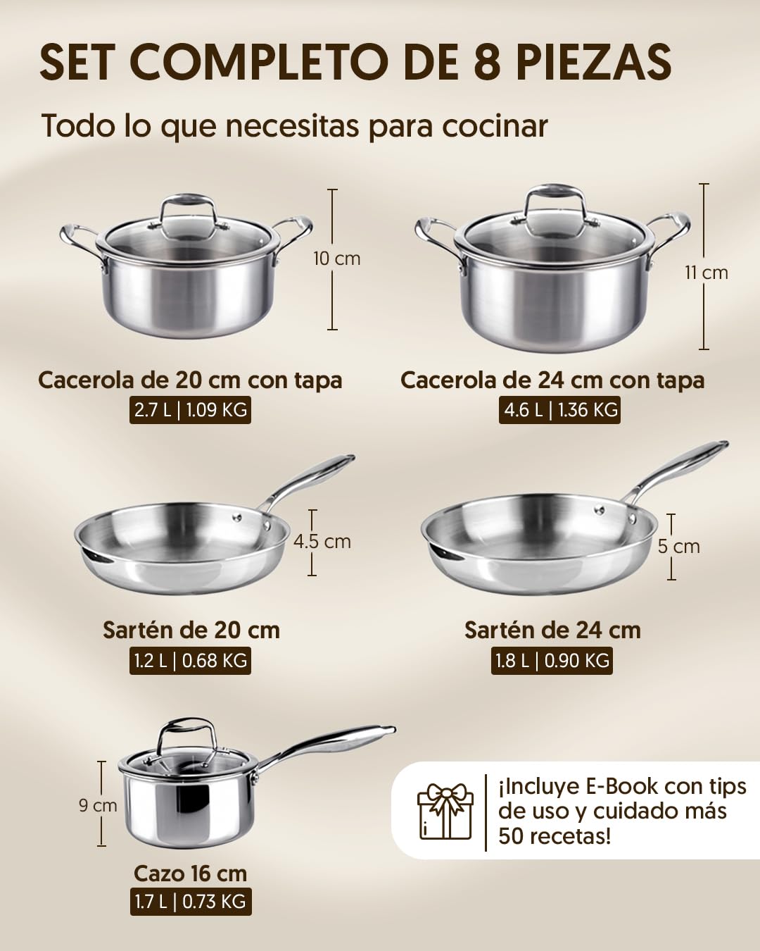 La Moustache - Batería de Cocina de Acero Inoxidable 8 Piezas con Tapas de Vidrio (Ø16/20/24 cm) - Juego de Ollas y Sartenes para Inducción, Sin Recubrimientos, Apta Lavavajillas (Titan Inox) - 5