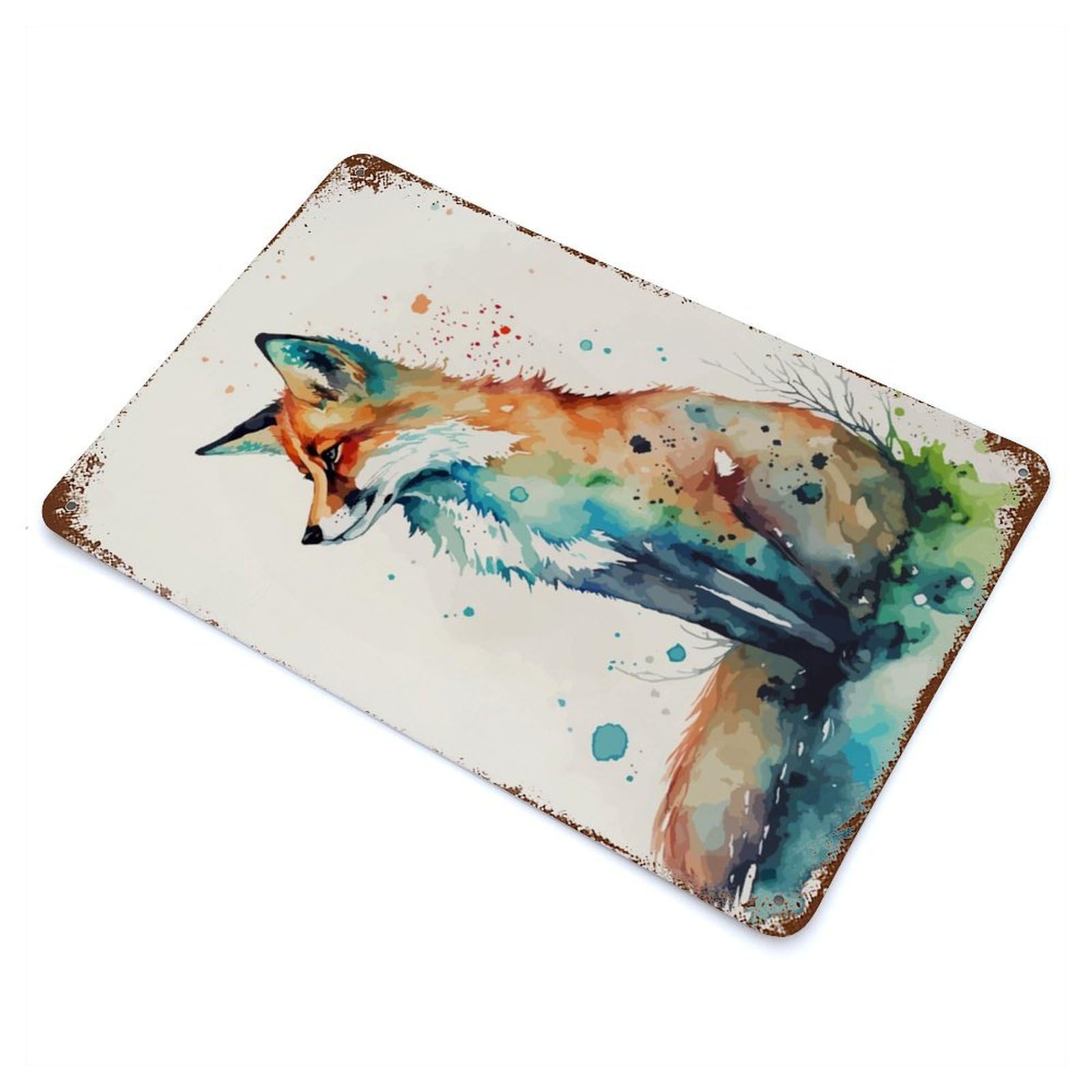 Rust Effect Wild Fox Watercolor Art Rusty Metal Tin Sign 11.8"x7.9", Old School Wall Decor for Basement, Hobby Room And Garage Decor