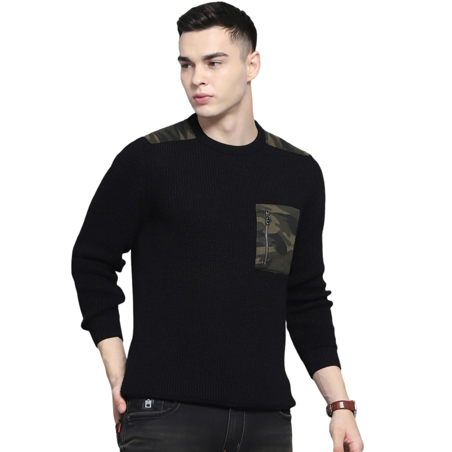 monte carlo Mens Self Design Black Round Neck Full Sleeve Pullover-picture-41