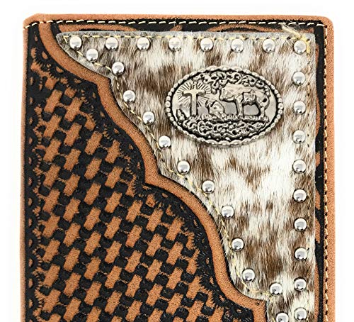 Texas West Western Men's Basketweave Genuine Leather Praying Cowboy Long Cowhide Stud Bifold Wallet (Brown)4