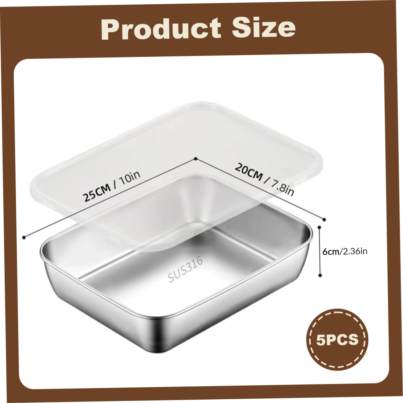 5pcs Edelstahl -Lebensmittelbehälter, stapelbare Lebensmittelablagerungsbox mit Plastikdeckel, Fleischküste für Kühlschrank oder Picknick, Grillparty, Büro Mittagessen, Küchenspeicherorganisation