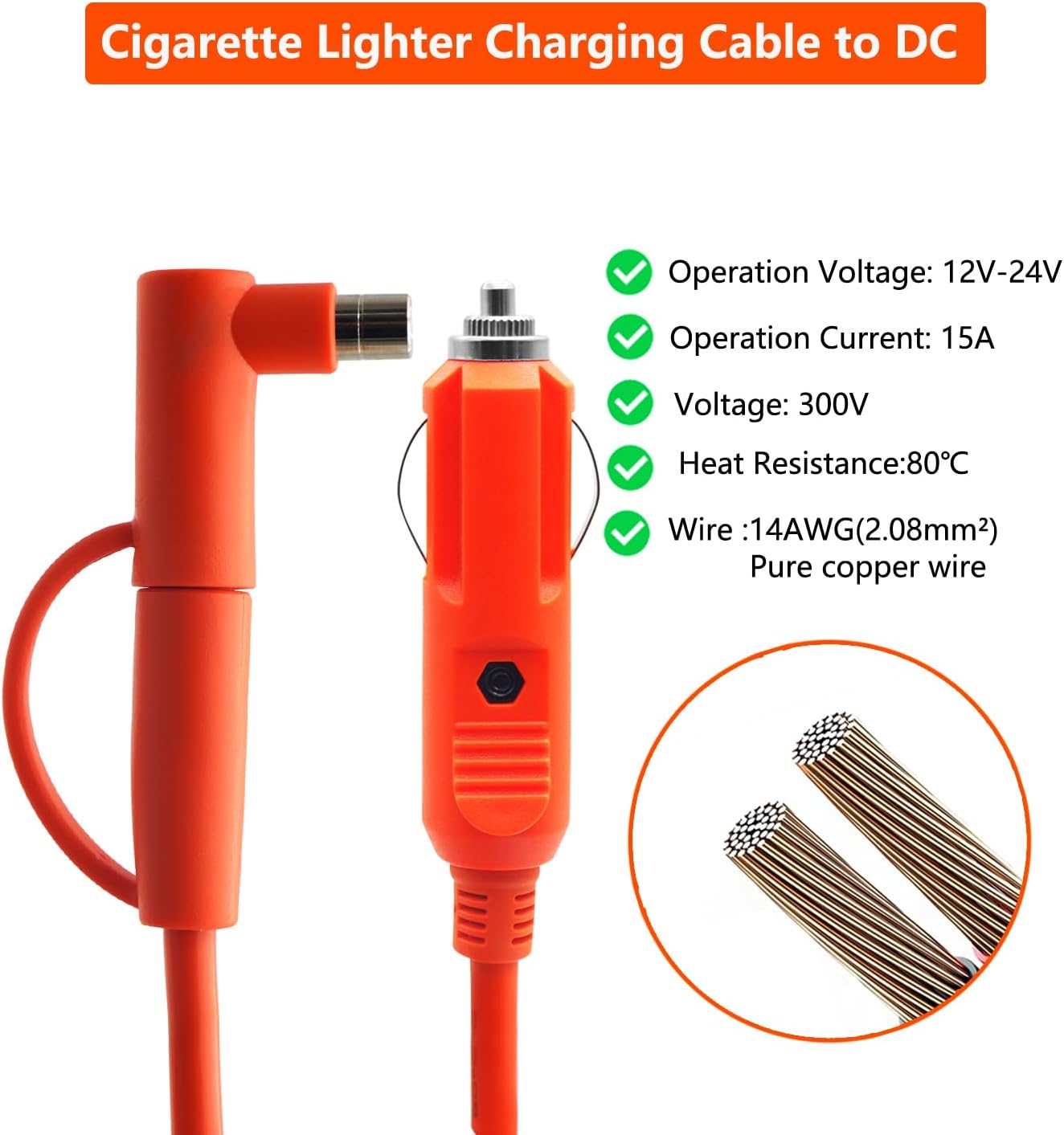 14AWG DC 8mm Car Cigarette Lighter Charging Cable, 12V/24V Car Charger Cable with DC7909/8020 Plug,15A Heavy-Duty Cigarette Lighter Plug to DC 7909 Adapter, for Portable Power Station (2M) image 4