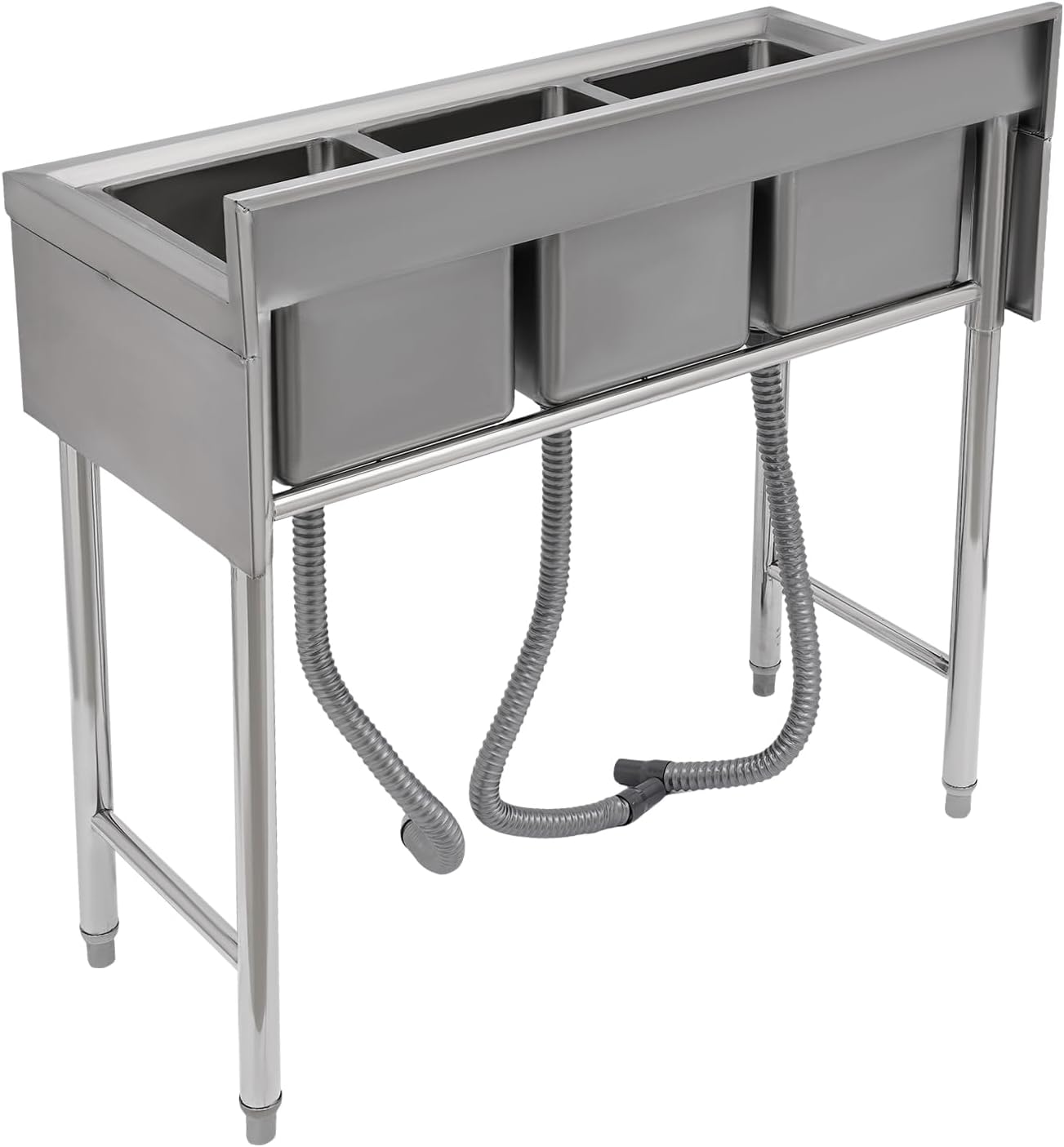 Stainless Steel Sink Set, Commercial Free Standing Three Bowl Kitchen Sink With Faucet & Filter Baskets, Portable Large Capacity 3 Compartment Kitchen Bar Sink, 37Inch Height Easy to Assemble