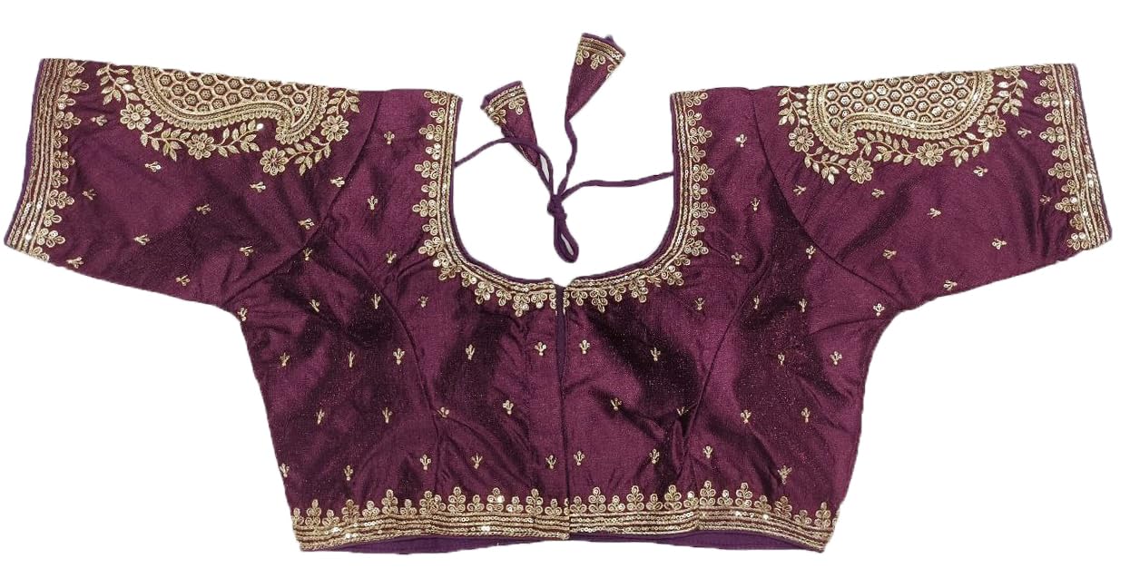 Pujia Mills Womens Readymade Blouse Embroidery Golden Zari Coding Sequence Thread Work Indian Ethnic Designer Stitched Half Sleeve Readymade Wine Blouse Collection For Women Saree Lehenga Choli