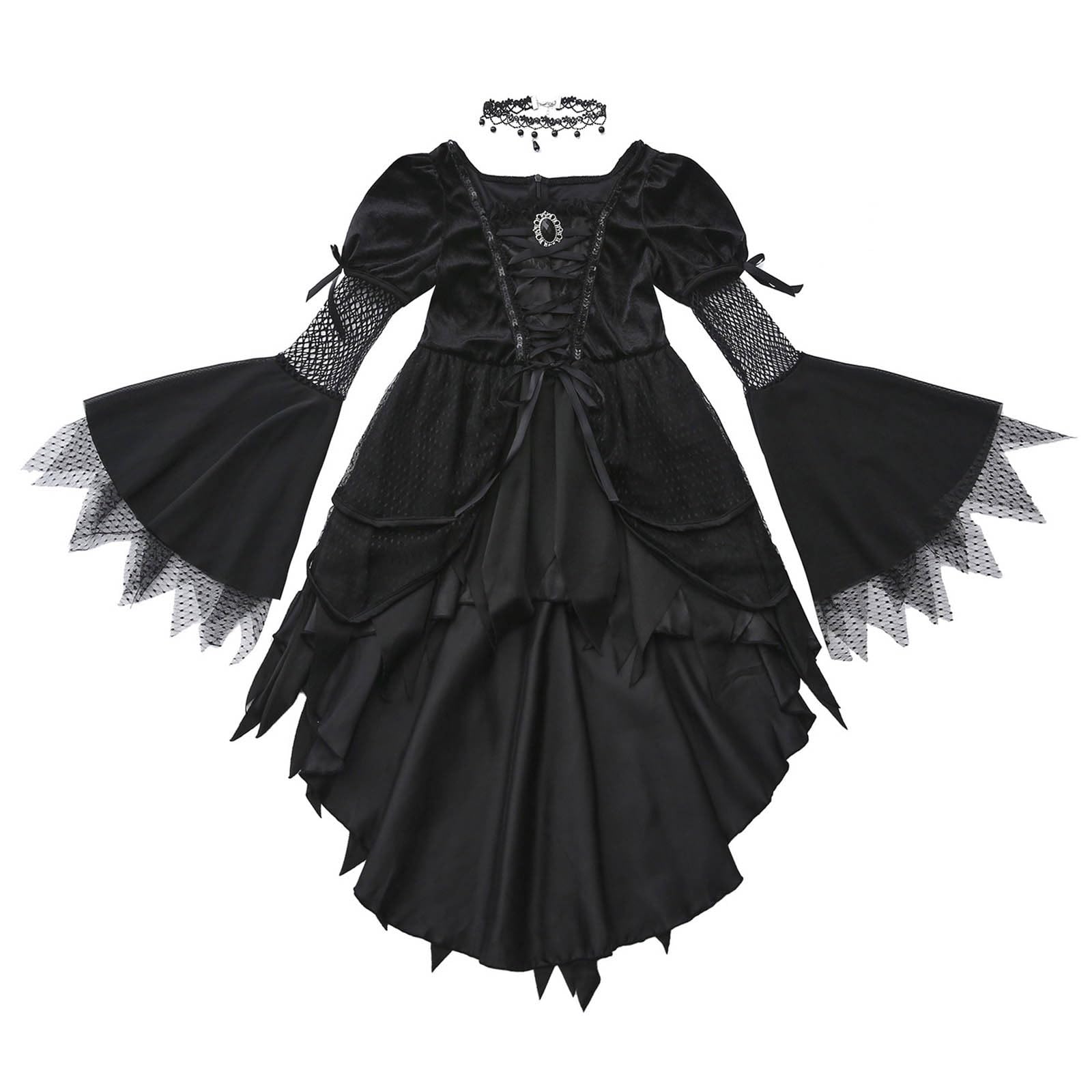 Costume da Malefica Bambina, Costumi da Cosplay Malefica Regina Strega Cattiva Halloween con Vestito Strega, Calze, Cappello da Strega E Collana