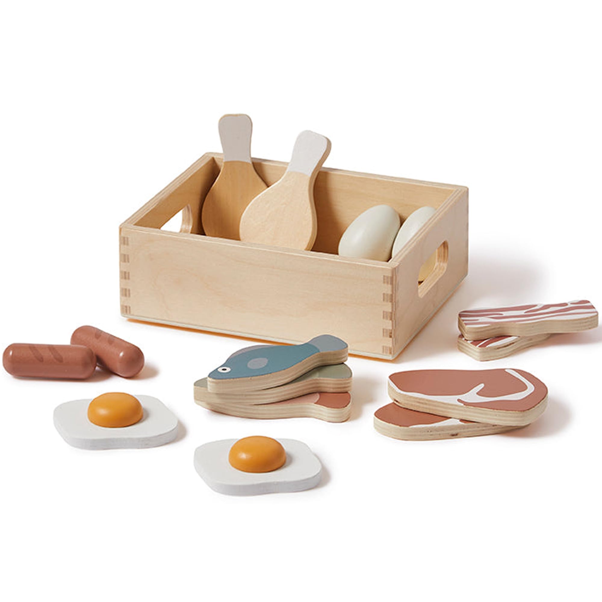 FLEXA Fish & Meat | Wooden Kitchen Accessories for Kids | 16-Piece Kitchen & Shop Accessories with Wooden Box CE, FSC-Certified