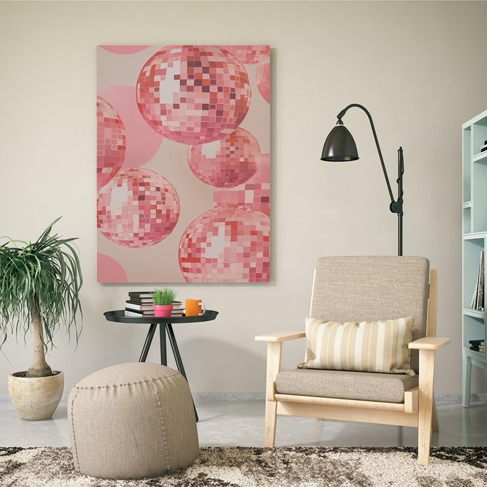 Pink Disco Ball Poster Preppy Wall Art Hot Pink Funky Canvas Print Vintage Disco Ball Prints Bar Bedroom Wall Decoration24x36inch Unframed