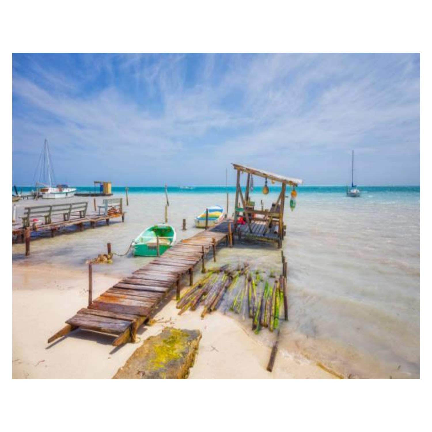 Paint By Numbers beach with pier shack and boats on caribbean island belize / caye Digital Coloring Oil Painting Canvas With Inner Frame Hand-Painted Painting For Kids and Adults Home Decorative